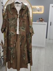 Gerçek Organik keten desenli tunik camel