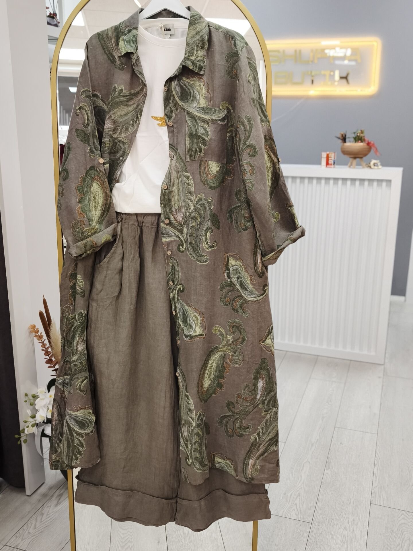 Gerçek Organik keten desenli tunik vizon