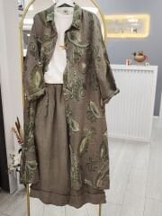 Gerçek Organik keten desenli tunik vizon