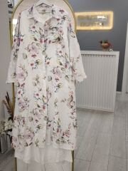 Gerçek Organik keten çiçekli beyaz tunik