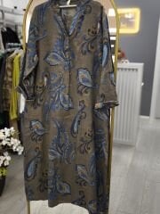 Gerçek Organik keten desenli vizon mavi elbise