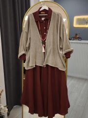 Gerçek Organik keten bordo elbise