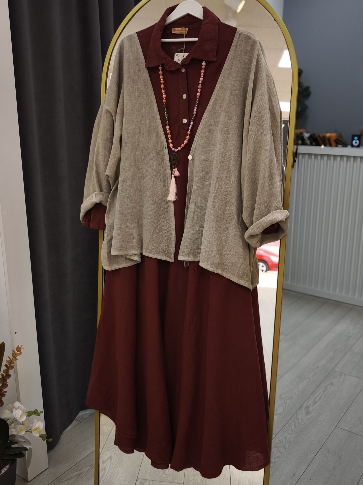 Gerçek Organik keten bordo elbise