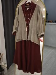 Gerçek Organik keten bordo elbise