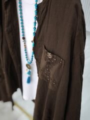 Gerçek Organik keten acı kahve nakış detaylı gömlek-pantolon takım