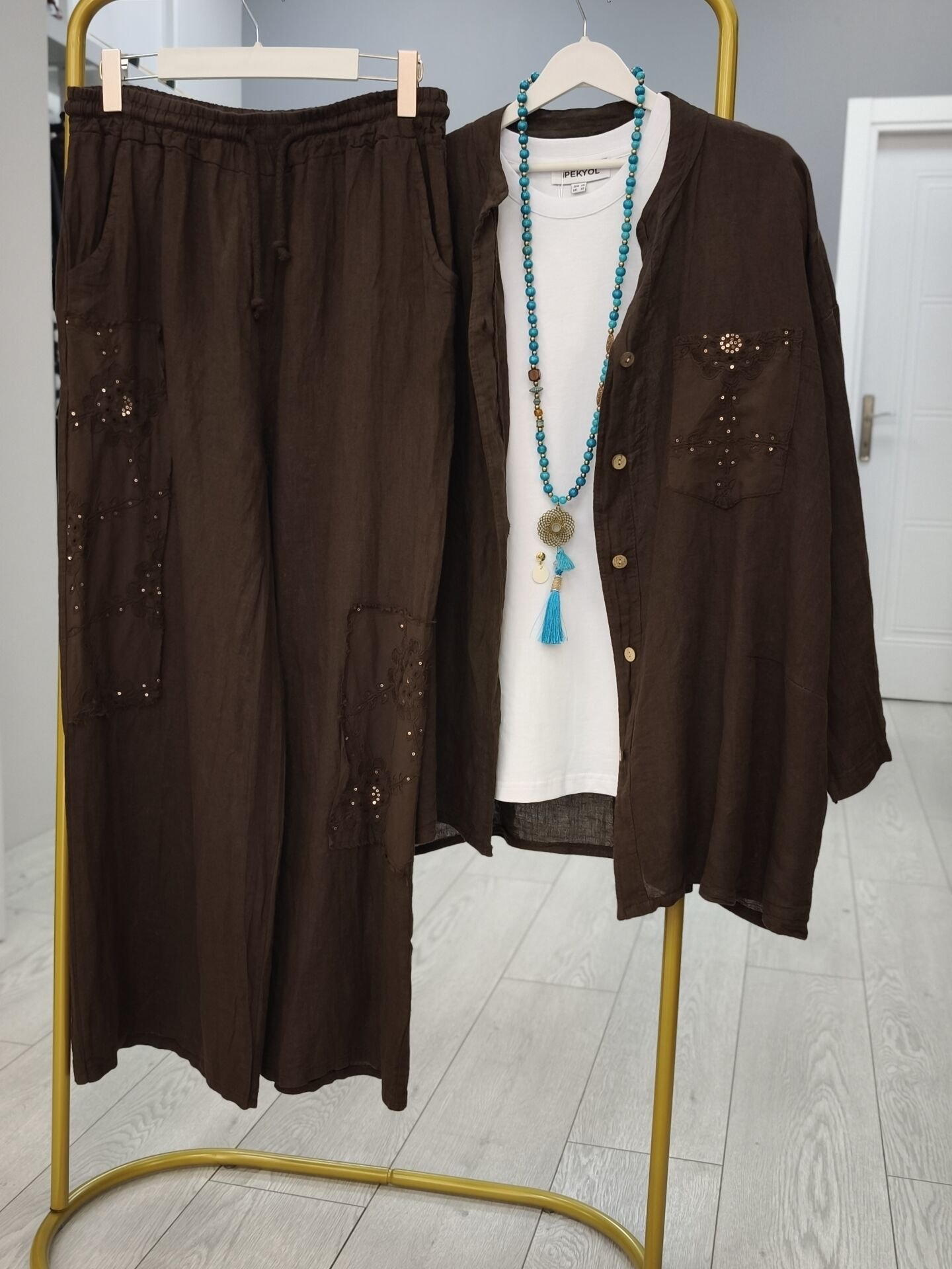 Gerçek Organik keten acı kahve nakış detaylı gömlek-pantolon takım