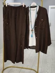 Gerçek Organik keten acı kahve nakış detaylı gömlek-pantolon takım