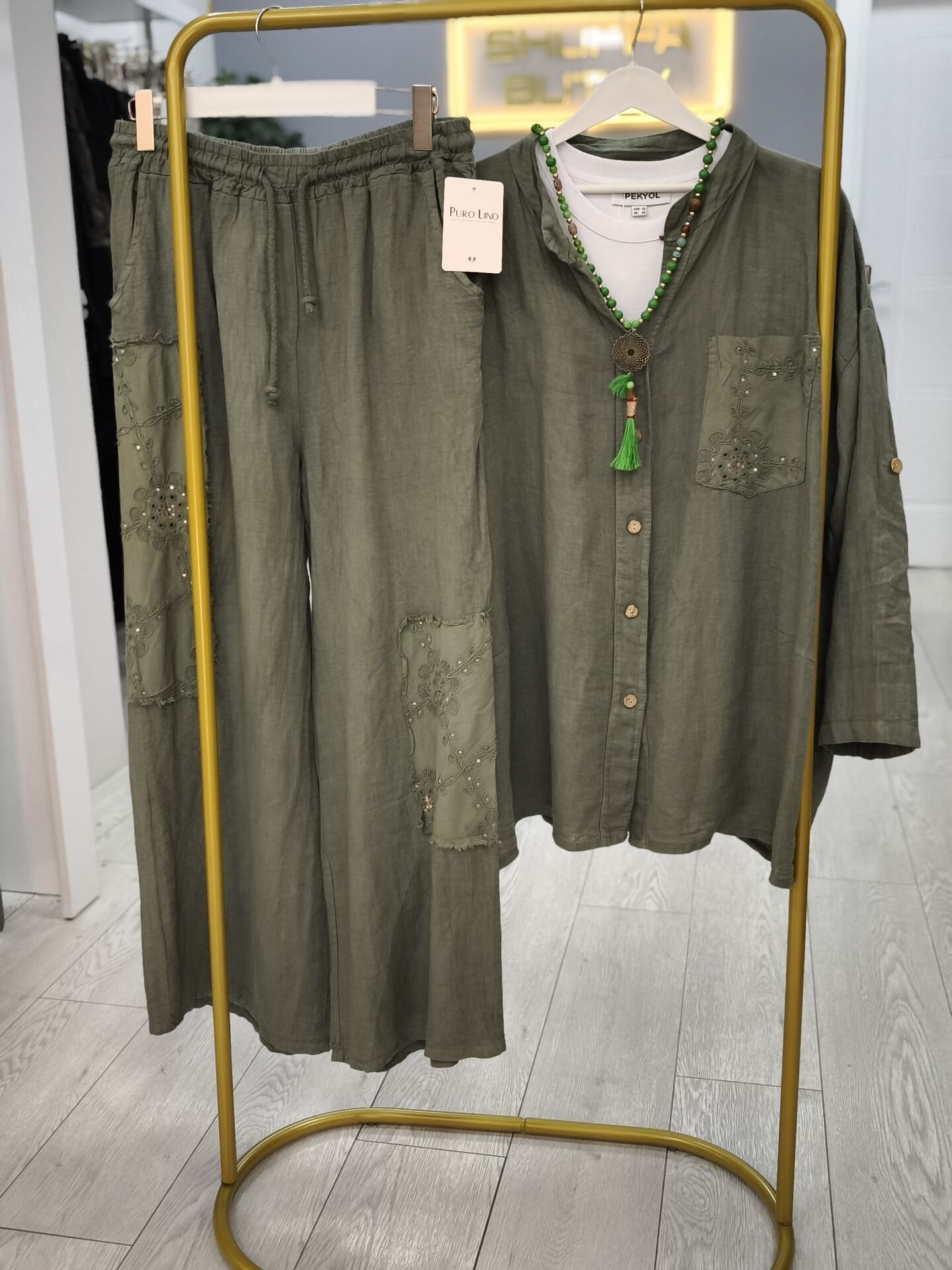 Gerçek Organik keten haki yeşil nakış detaylı gömlek-pantolon takım