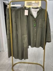 Gerçek Organik keten haki yeşil nakış detaylı gömlek-pantolon takım